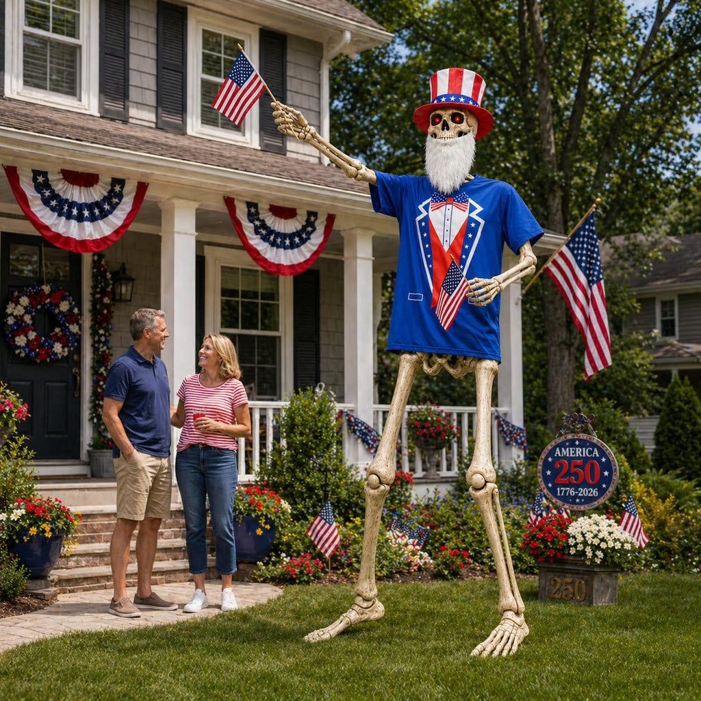 JcHrmers 12 ft Skeleton Patriotic Outfits 4th of July Skeleton Tuxedo T-Shirt Clothes with Hat Flags Beard Funny Giant Skull Clothing for Independence Day Summer Holiday Outdoor Decor