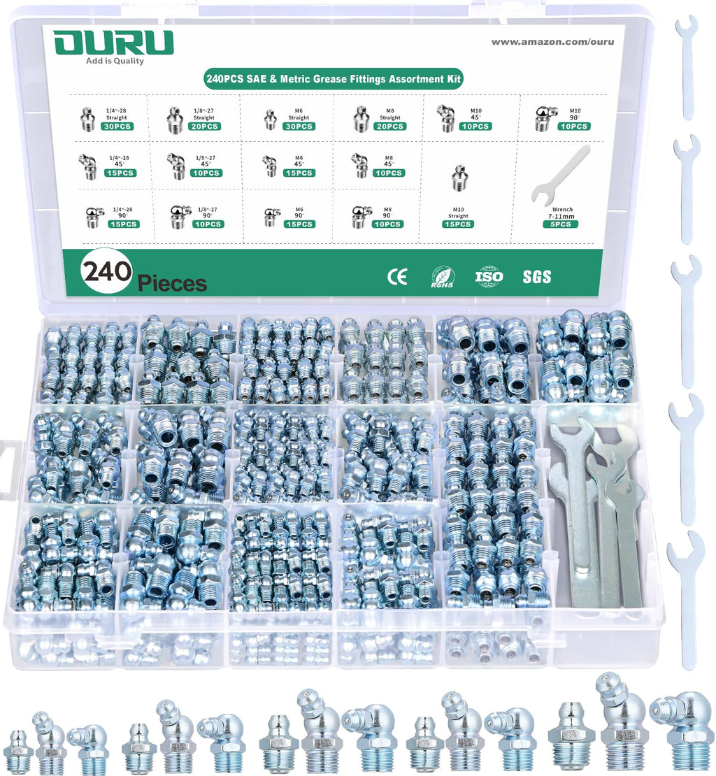 OURU 240PCS Grease Fittings Assortment Kit, SAE & Metric with Wrench Kit