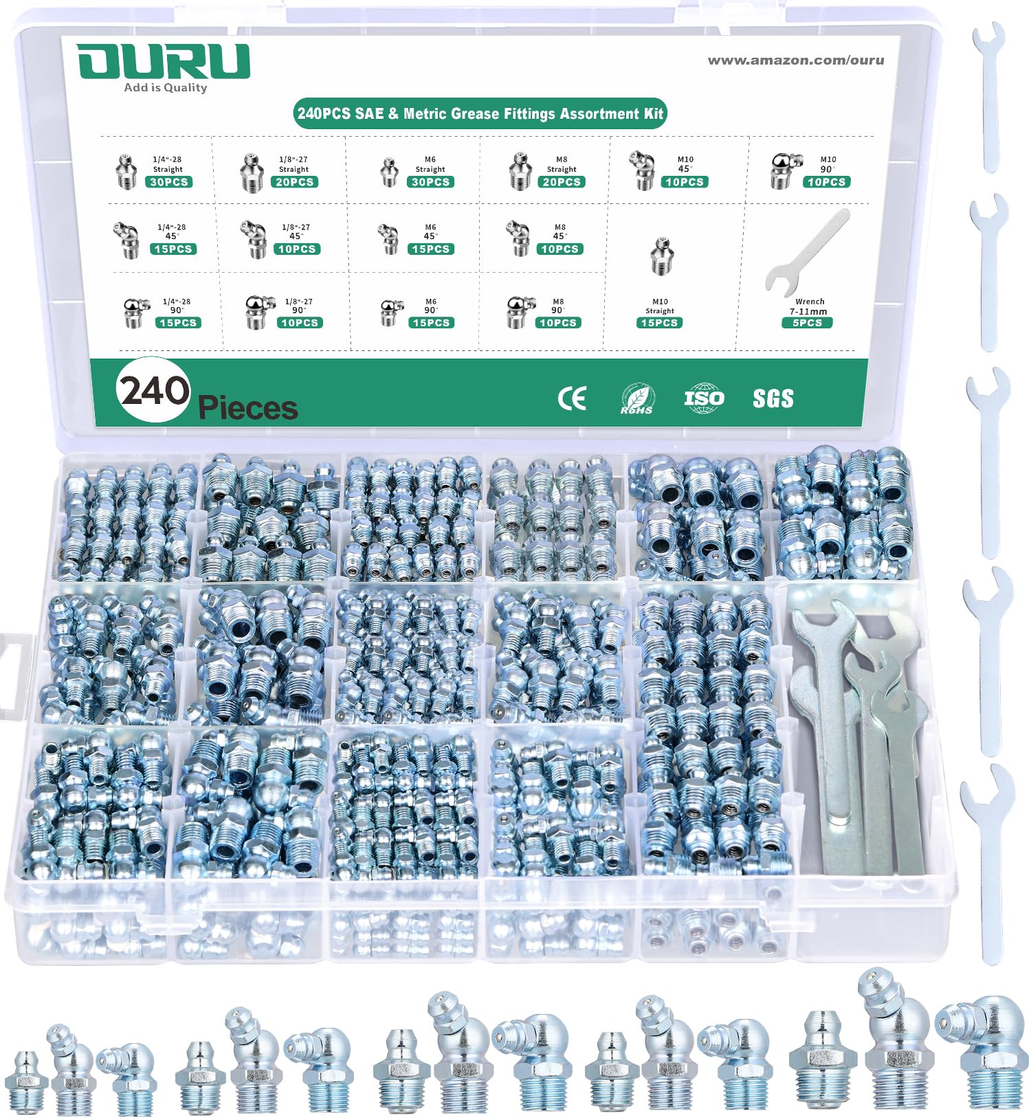 OURU 240PCS Grease Fittings Assortment Kit, SAE & Metric with Wrench Kit