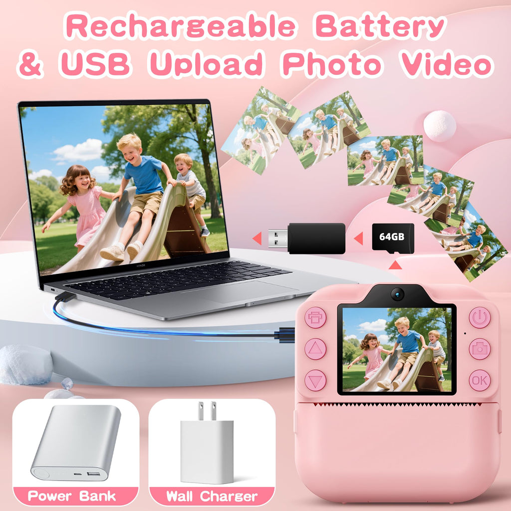 Kids Instant Camera with 64GB SD Card, Portable Digital Camera Toy for Girls and Boys Ages 3-12, Toddler Christmas and Birthday Gift for 3 4 5 6 7 8 9 10 Year Old Kids (Blue) (Pink)