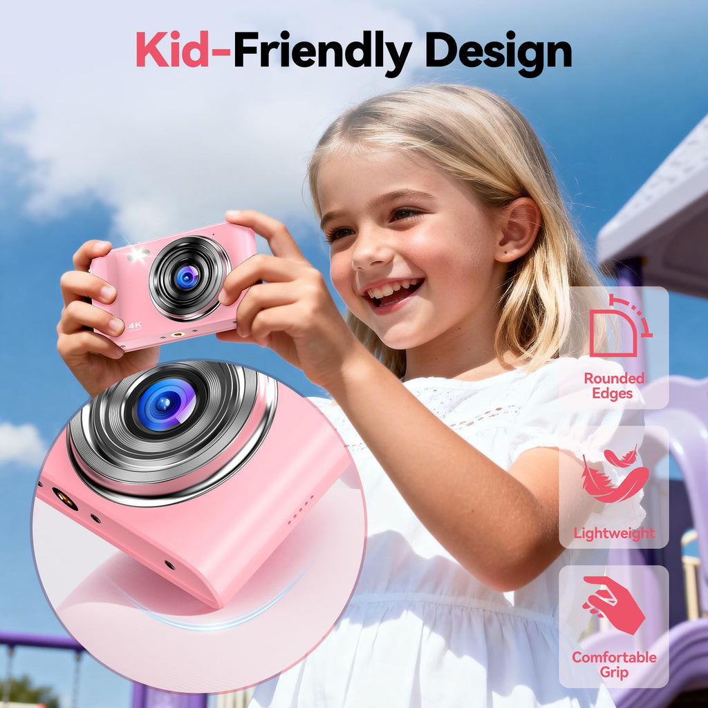 Digital Camera 4K for Kids: 48MP Pink Camera for Teens Photography - Christmas Birthday Gifts for Girls - 16X Zoom Shoot for Vlogging - Compact Camera for 6 7 8 9 10 Years Old- Toys for Toddler