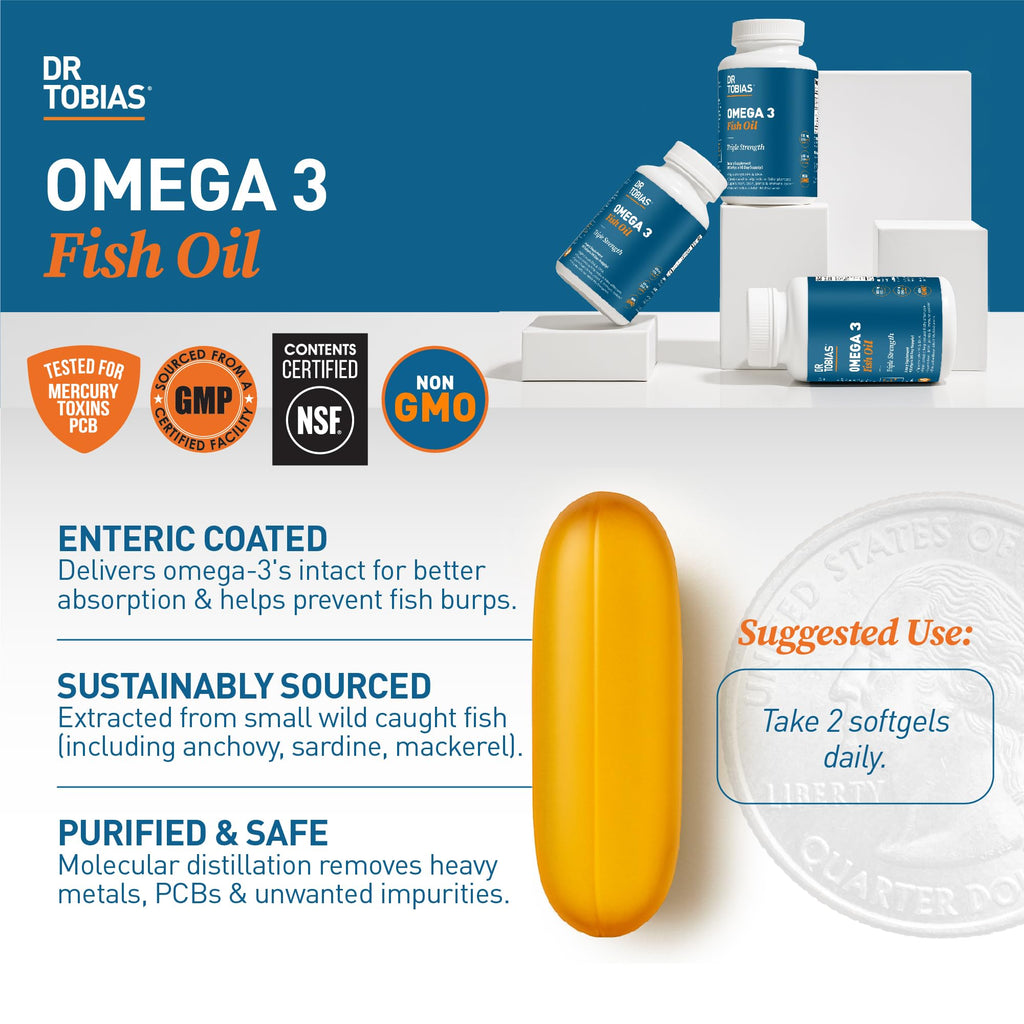 Dr. Tobias Omega 3 Fish Oil 2000mg Triple Strength with 800mg EPA 600mg DHA Per Serving | Fish Oil Omega 3 Supplements for Heart Brain & Immune Support - 180 Softgels (90 Servings)