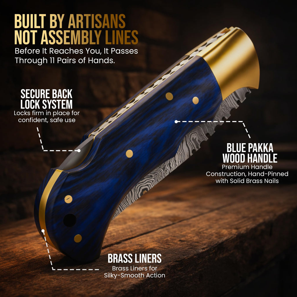 Damascus Pocket Knife for Men Comes with Leather Sheath & Sharpening Rod