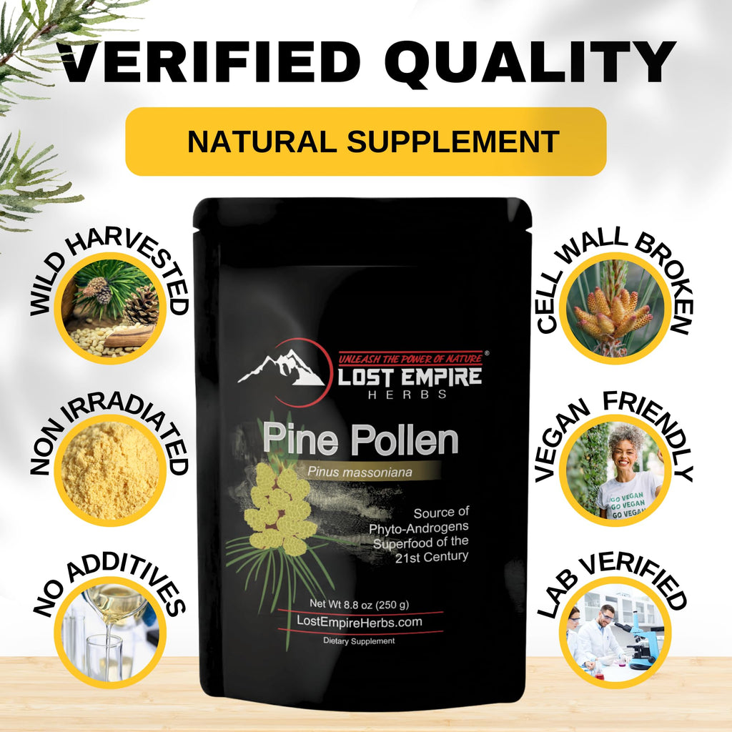 Pine Pollen Powder - Non-Irradiated, Wild Harvested, Cell Wall Cracked - Supplement Great for Men and Women for Energy, Vitality and Longevity (250 Grams)
