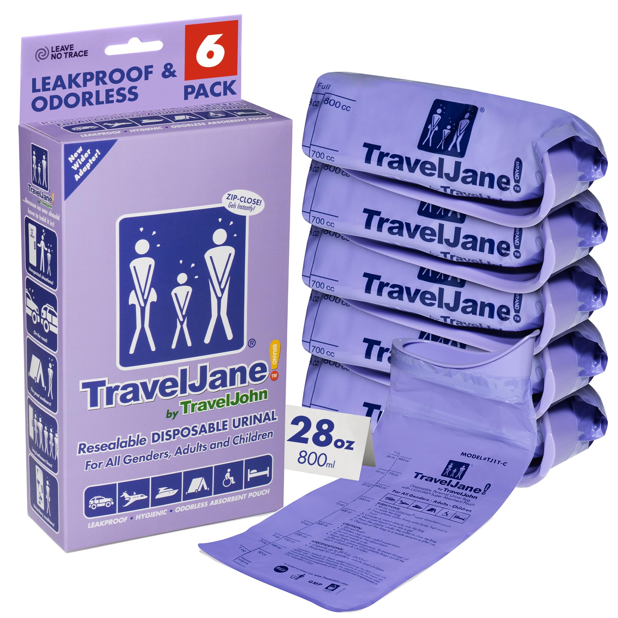 TravelJane Resealable Disposable Urinal Bags 28oz (6 Pack) – Travel Urinal for Women, Men & Kids – Odorless Leakproof Portable Urine Bags – Ideal for Camping, Emergencies & Long Car Rides (TJ1T-C)
