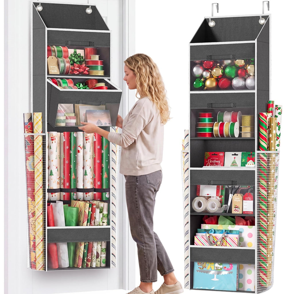 Over Door Wrapping Paper Organizer Storage with 3 Removable Drawers & Side Pockets – Dual Use Design with Elastic Straps – Christmas Gift Wrap Storage for Ribbons, Bows, Ornament and Other Tools 1Pack