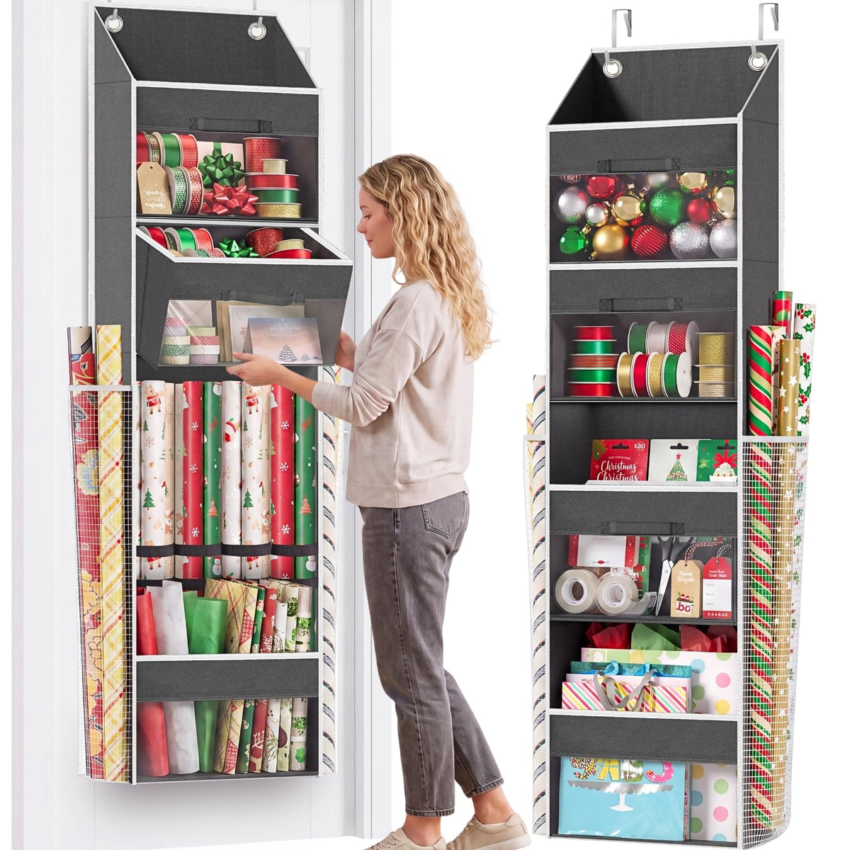Over Door Wrapping Paper Organizer Storage with 3 Removable Drawers & Side Pockets – Dual Use Design with Elastic Straps – Christmas Gift Wrap Storage for Ribbons, Bows, Ornament and Other Tools 1Pack