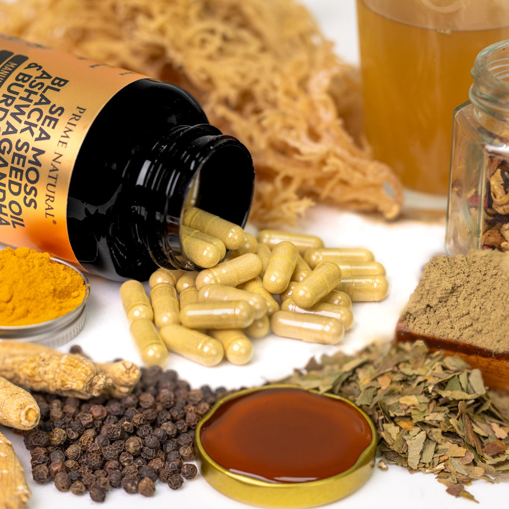 PRIME NATURAL Sea Moss 300mg Black Seed Oil 200mg Ashwagandha 100mg Turmeric Bladderwrack Burdock Manuka Honey Dandelion ACV - 120 Capsules | 60 Days Supply | Vegan
