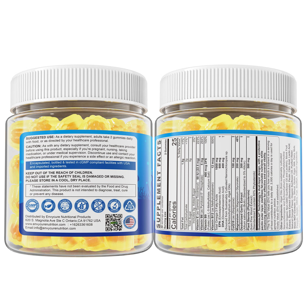 Vegan Omega-3 Gummies 1000mg +CoQ10+Magnesium- EPA 600mg DHA 400mg, Fish Oil Omega 3 Supplements Alternative for Women Men Adults, Liposomal, Algae, Plant Sterols, Garlic,B6,B9, B12, Sugar Free, 2Pack