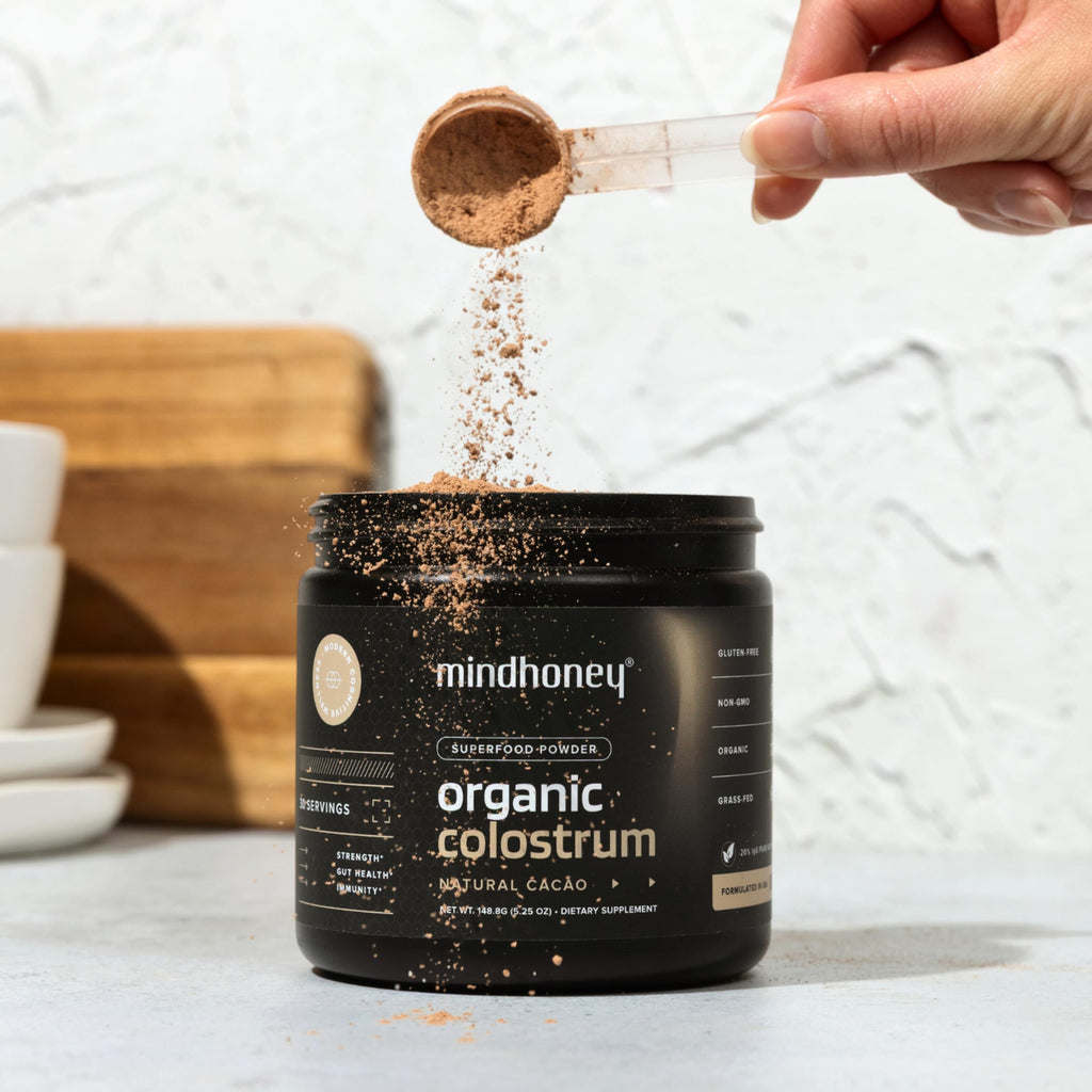 MINDHONEY Organic Colostrum | Premium Cacao Flavored Superfood Powder | Gut Health & Immunity, Skin & Hair, Anti-Aging, Performance & Recovery | Grass-Fed, Pasture-Raised | 30 Servings