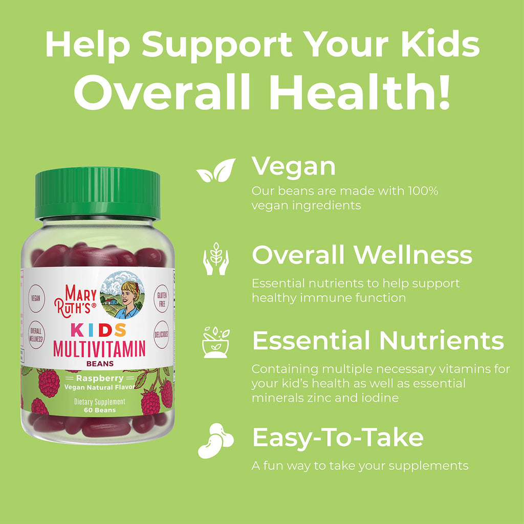 MaryRuth Organics Multivitamin Multimineral Vita-Beans for Kids | Vegan Chewable Vitamins for Ages 4+ | Immune Support | Bone Health | Raspberry Flavor | 60 Count
