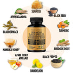 PRIME NATURAL Sea Moss 300mg Black Seed Oil 200mg Ashwagandha 100mg Turmeric Bladderwrack Burdock Manuka Honey Dandelion ACV - 120 Capsules | 60 Days Supply | Vegan