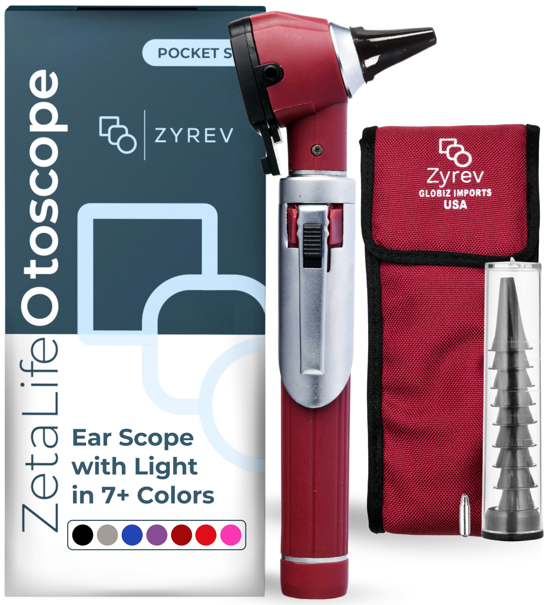 Zyrev ZetaLife Otoscope - Ear Scope with Light, Ear Infection Detector, Pocket Size (Maroon Color)