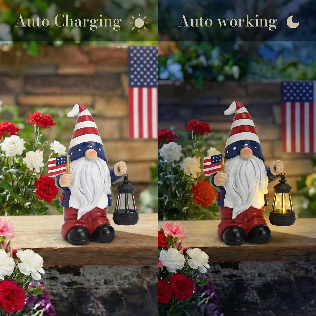 TERESA'S COLLECTIONS 4th of July Gnome Decorations with Solar Lantern, Memorial Day Decorations Resin Patriotic Garden Gnome Holding American Flag, USA 250th Anniversary Independence Day Gift 8"