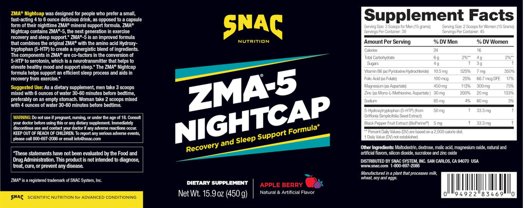 ZMA-5 Nightcap Rapid Recovery - Pre Workout Supplement for Deep Sleep, 450g