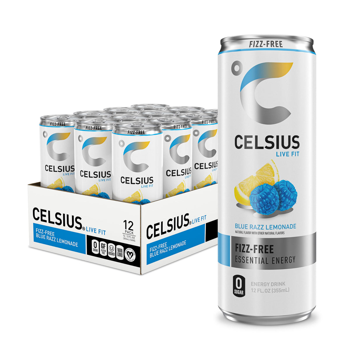 CELSIUS Fizz Free Blue Razz Lemonade, Sugar Free Energy Drink, 12 Fl Oz (Pack of 12)