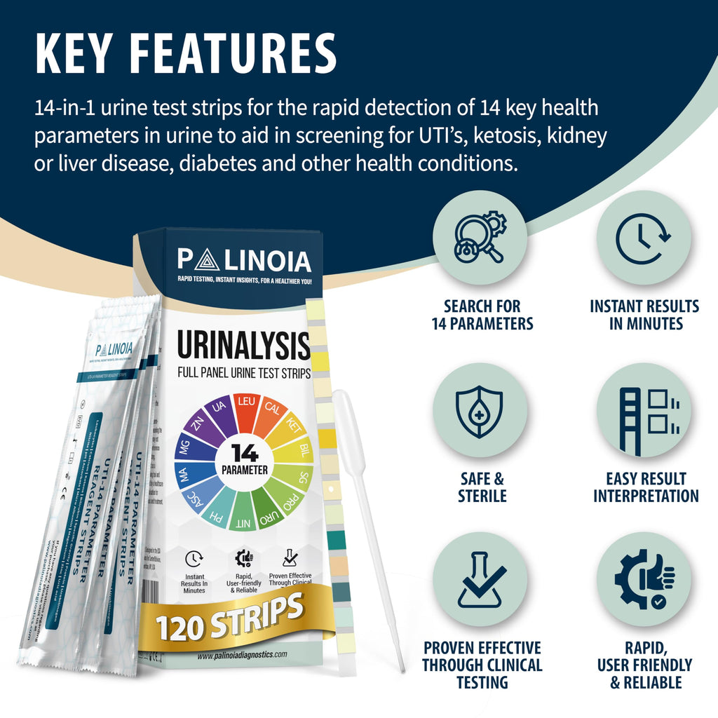 14-in-1 Full Panel Urine Test Strips for Urinalysis | 120 Strips in Resealable Pouches – Test for Kidney Health, Liver Function, UTI, Ketosis, Hydration, and Protein Levels