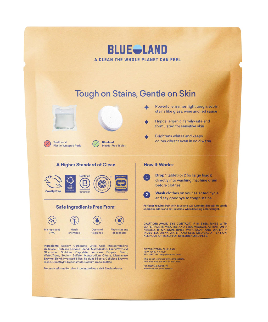 BLUELAND 100% Plastic-Free Laundry Detergent Tablets, 60ct, Free & Clear