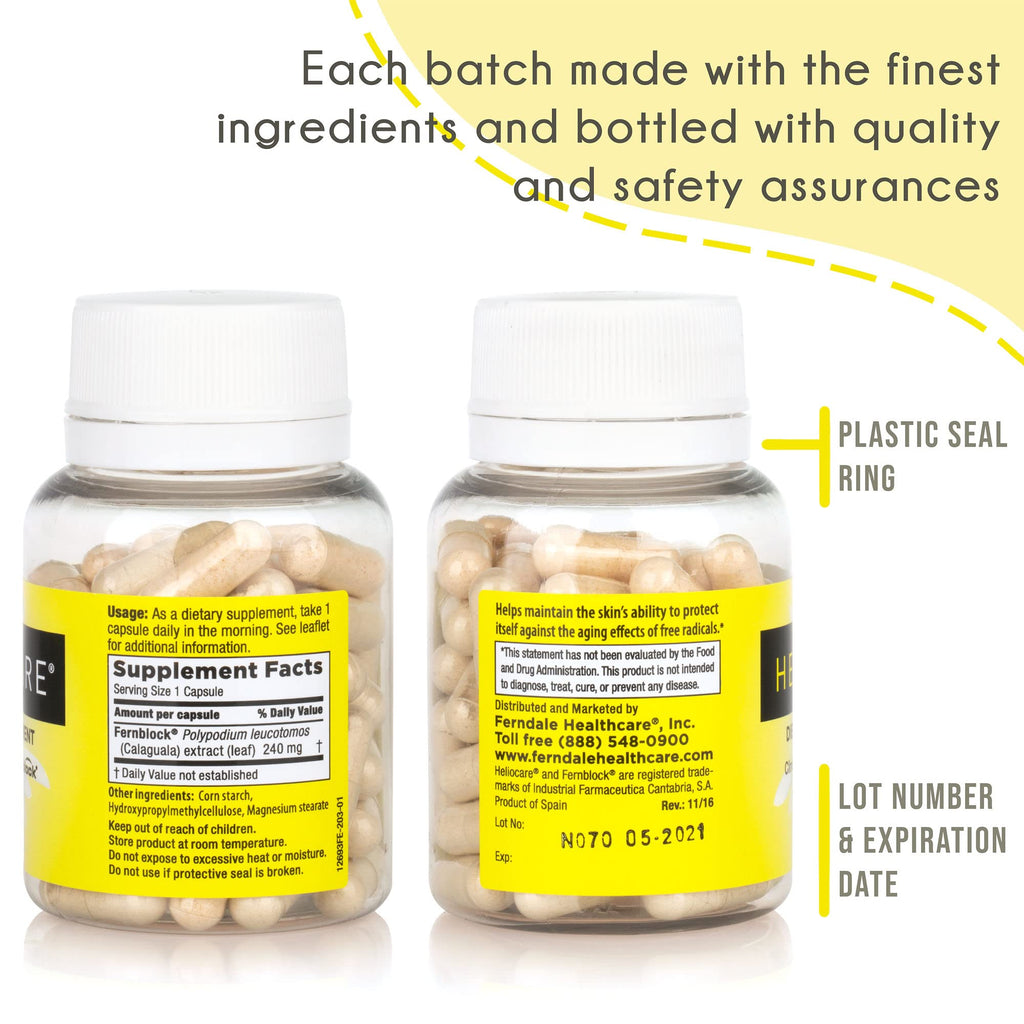 Heliocare Skin Care Dietary Supplement: 240mg Polypodium Leucotomos Extract Pills - Antioxidant Rich Formula with Fernblock and PLE Technology - 60 Veggie Capsules
