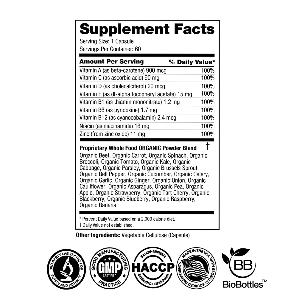 FeelGood Superfoods Vita Fruits and Veggies Capsules - 25 Superfood Ingredients, Fruit and Vegetable Multivitamin, 60 Count - for Men and Women - Vitamins A, C, D, E, B and Zinc