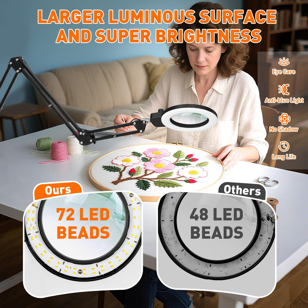 KIRKAS 12X Magnifying Glass with Light and Stand, Extra-Long Arm Knob