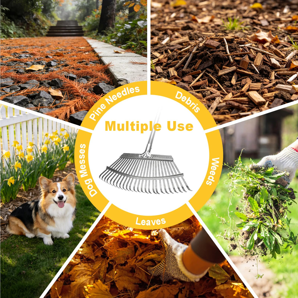 18-Inch Wide Heavy Duty Adjustable Metal Leaf Rake, 62-Inch Long Handle Garden Rake for Lawns, Grass, Flower Beds & Outdoor Yard Cleanup