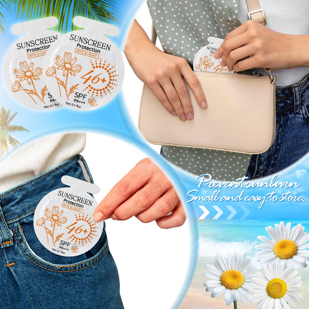 Heigble 50 Pcs Sunscreen Bulk Mini Travel Size Sunscreen Packets SPF 46+ Summer Party Gifts for Women Girl