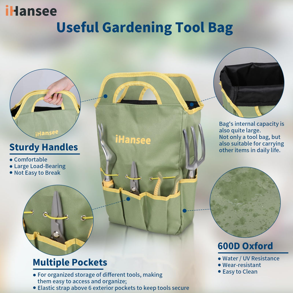 iHansee Green Garden Tools Set 12-Piece, Gardening Gifts for Women Men