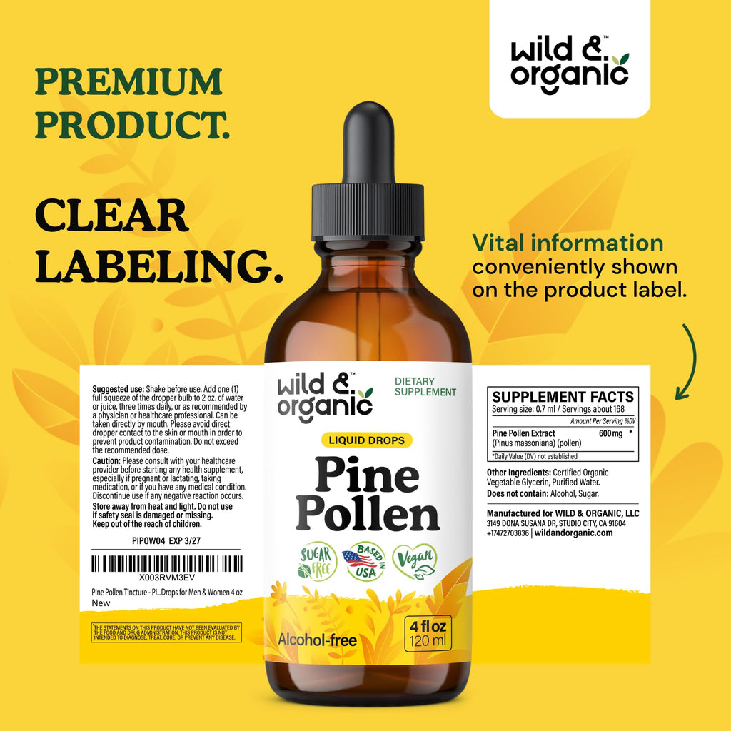Wild & Organic Pine Pollen Tincture - Pine Pollen for Men & Women - Add to Tea & Drink - Pure Pinus Massoniana Extract Drops - Vegan, Sugar & Alcohol-Free Liquid Supplement - 4 fl oz