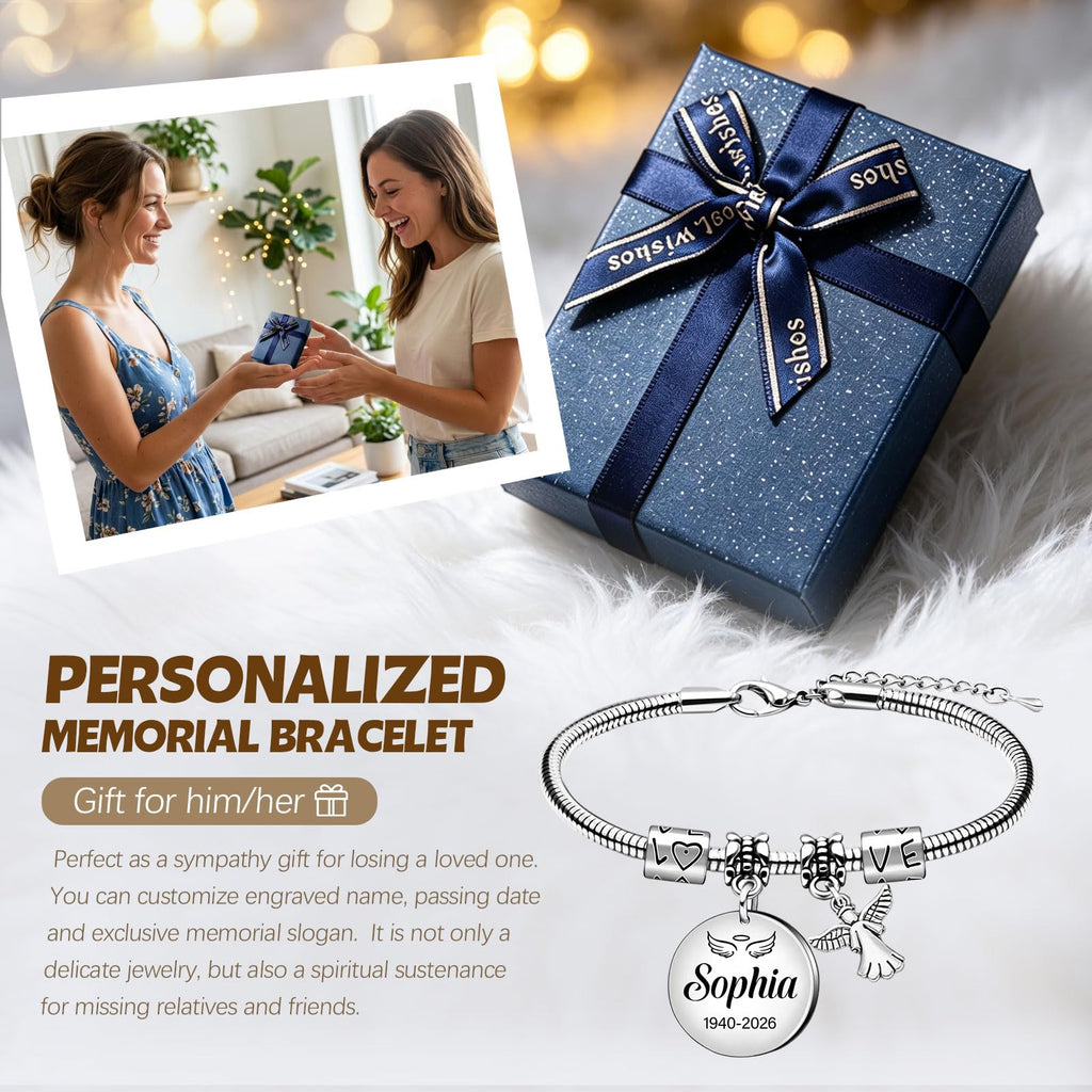 HAPPARY Silver Bracelets for Women Men,Custom Memory Bracelets for Loss Loved One with Name Dates,Personalized Adjustable Bracelet,Sympathy Bracelet for Loss of Husband,Memorial Angel Charms Keepsake