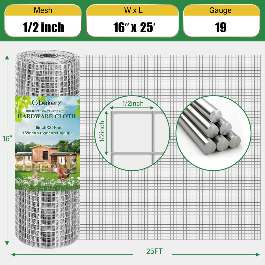 Gbekery Hardware Cloth 1/2 inch 16in x 25ft 19 Gauge, Hot-dip Galvanized After Welding Chicken Wire Mesh Roll Garden Plant Welded Metal Wire Fencing Roll, Rabbit Cages Snake Fence