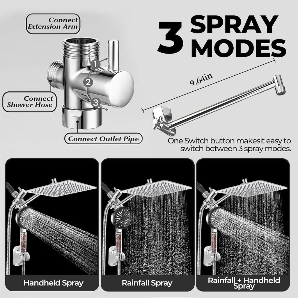 8 Inch Filtered Shower Head,Rain Shower Head with Handheld Spray Combo for Hard Water，Long Shower Hose