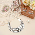 JOERICA Bib Choker Necklace Silver Jewelry Set Wide Cuff Bangle Bracelet Open Hoop Earrings Adjustable Ring Chunky Silver Statement Costume Jewelry Set for Women