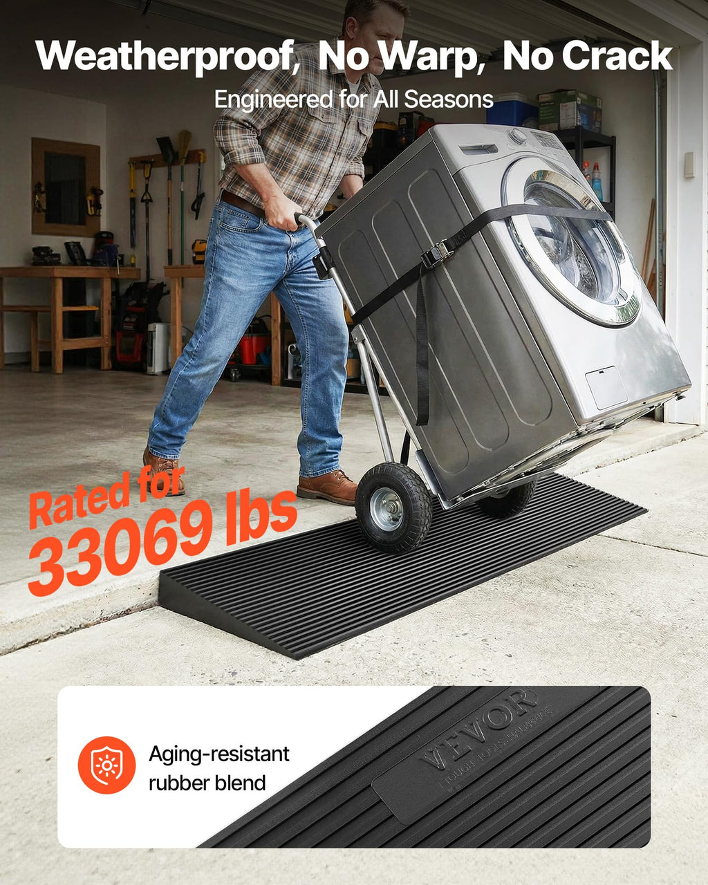 VEVOR 1.6" Rise Cuttable Threshold Ramp for Doorways, 35.4" Wide Natural Rubber Wheelchair Ramp, Non-Slip Solid Rubber Ramp with Double-Sided Tape for Doorways,Driveways,Bathroom,Smooth Tile