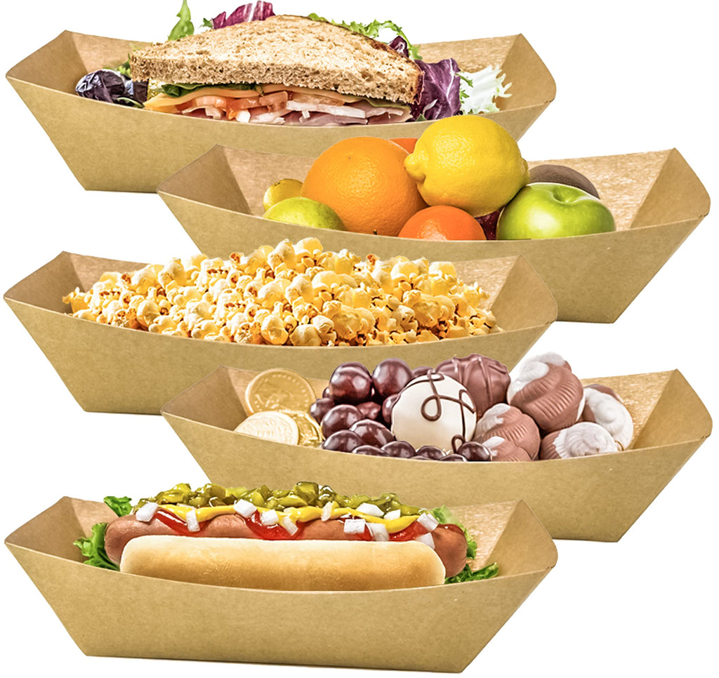 MotBach 100 Pack 3lb Kraft Paper Food Trays, Heavy-Duty Paper Food Boat Disposable Serving Basket Tray for French Fries Nachos Snack Hot Dog Taco BBQ Popcorn Party Picnic Wedding Party (Brown)