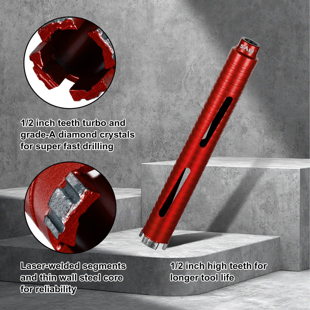 SALI Diamond Core Drill Bits 1" Diameter 10"/254mm Drilling Depth 5/8-11" Thread Core Bit Turbo Laser-Welded Segments for Cured Concrete with Brick Block Masonry with Two Adapters（Red）