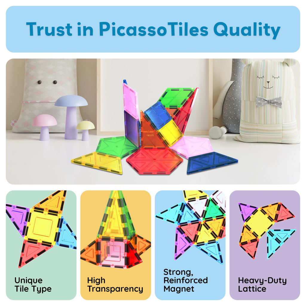 PicassoTiles Magnetic Building Block Set Geometry Shape Magnet Tiles Construction Toy STEM Learning Kit Educational Playset Playboard Pretend Play Stacking Blocks Child Brain Development PT16