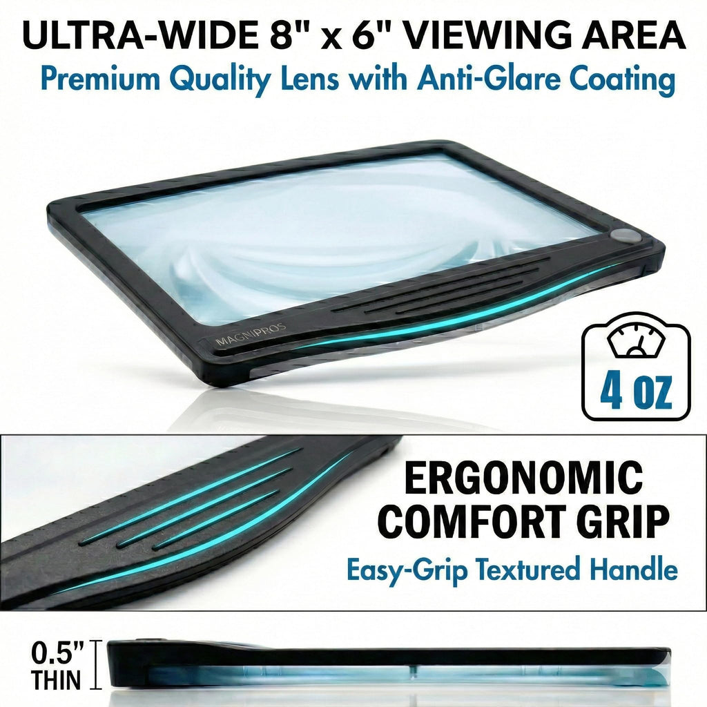 MagniPros 5X Rechargeable Large Ultra Bright LED Page Magnifier with Anti-Glare Lens & 3 Color Dimmable Light Modes, Relieve Eye Strain- Ideal for Reading Small Prints, Low Vision, Seniors