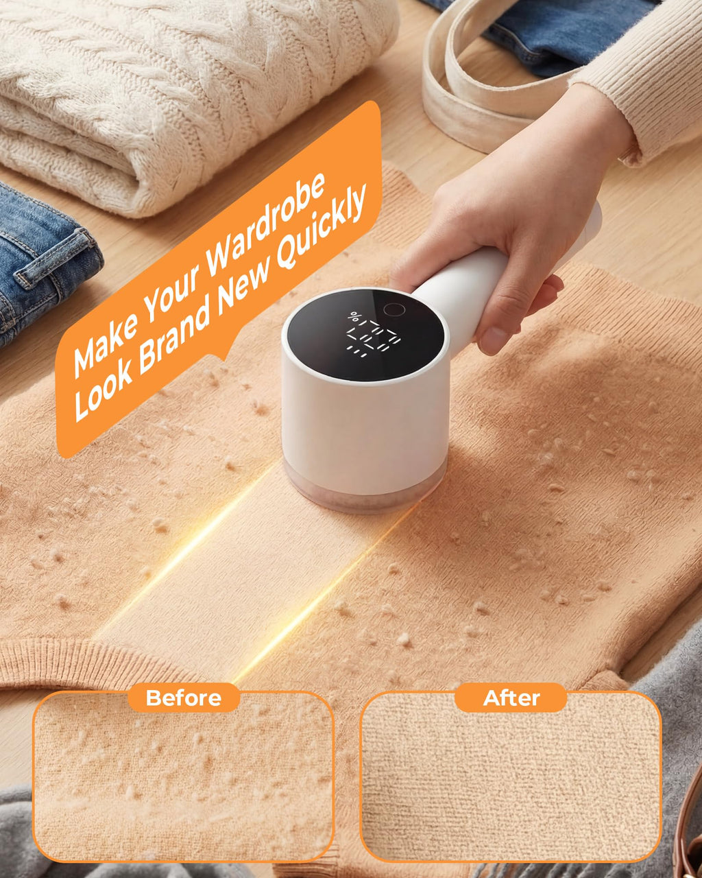 Fabric Shaver, Lint Remover Rechargeable, Electric Portable Sweater Defuzzer with 3 Speeds, 6 Leaf Blades, Digital LED Display to Remove Pilling for Clothes, Furniture, Sweater, Couch, Blanket