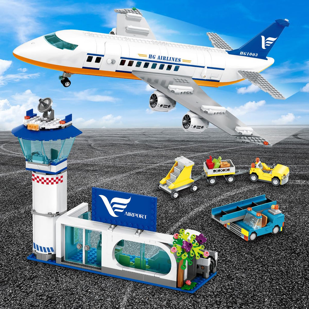 CUBIMANA Large City Passenger Airplane Building Toys with LED Light, 21 Inches Plane Building Sets with 2PCS Luggage Trucks, Terminal, Radar Tower, Birthday Gifts for Kids Boys Girls Age 6-12 (901pcs)