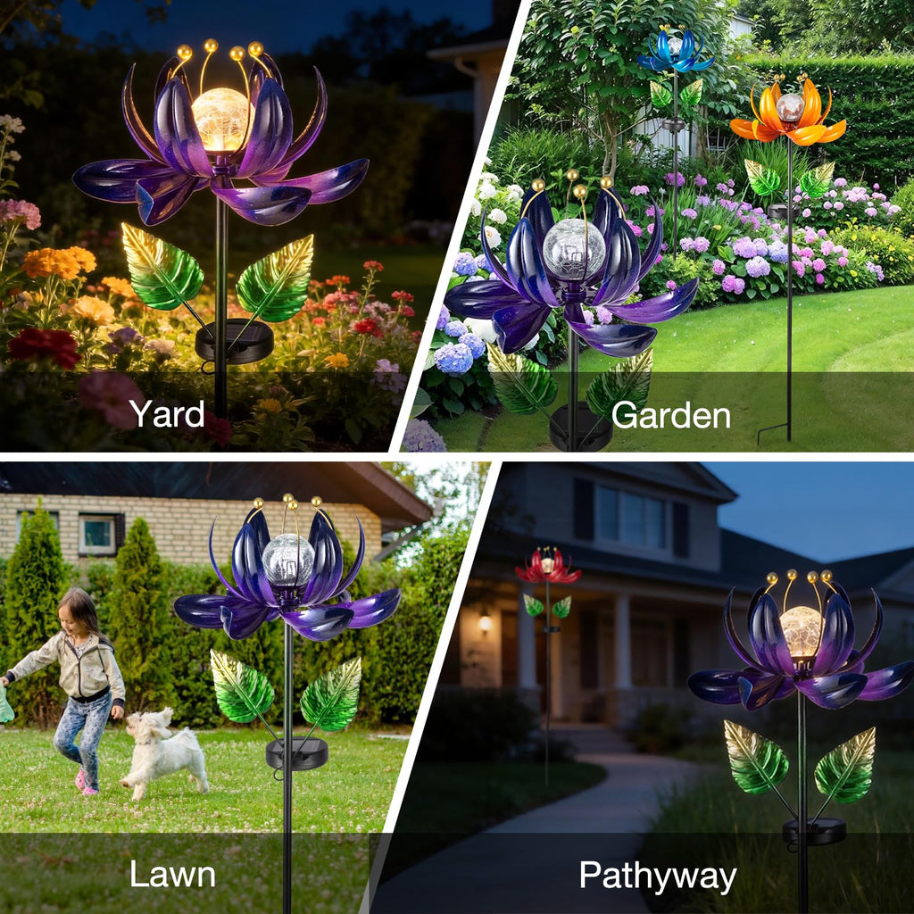 AIINY Solar Purple Metal Flower Wind Spinners, Colorful Spinning Windmill Lotus Yard Art Lights Wind Pinwheels with LED Crystal Ball Decorative Stake Lighting Flower Sculpture