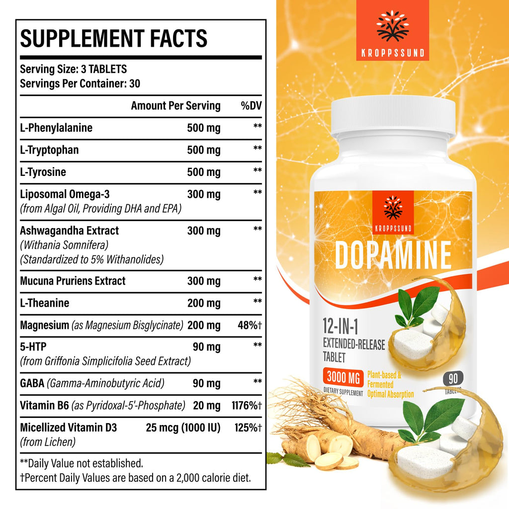 Kroppssund Dopamine Supplements with L-Theanine & Ashwagandha, 12-in-1 Extended Release Formula, 3000mg Per Serving, 90 Tablets (1 Bottle)
