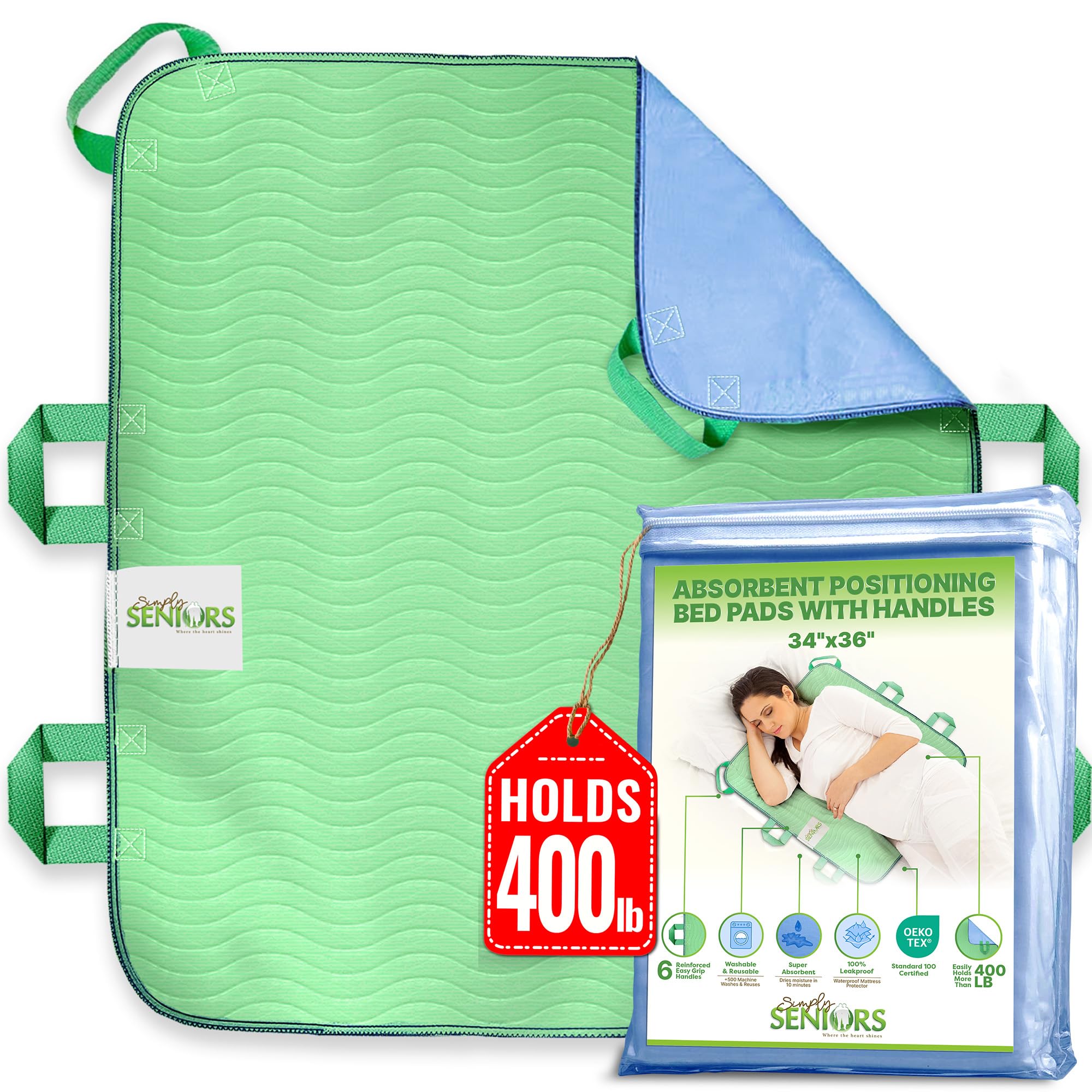 Absorbent Positioning Bed Pads for Elderly with 6 Handles 34"x36"- Washable Waterproof Incontinence Draw Sheets - Reusable Bed Mobility Under Pads for Seniors Disabled & Bedridden Patients-Fast-Drying