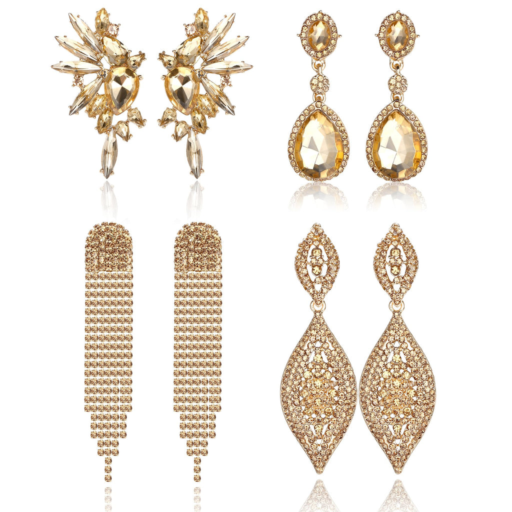 Sanfenly Gold Clip On Earrings Women Dangle, Large Long Dangling Non Pierced Earrings Elegant Formal Big Bling Rhinestone Crystal Simulated Diamond Clip Earrings for Women Non Pierced Ears