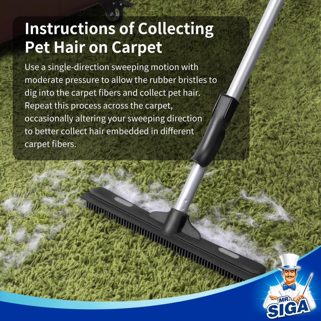 MR.SIGA Pet Hair Removal Rubber Broom with Built in Squeegee, 3 in 1 Floor Brush for Carpet, 61 inch Adjustable Handle, Includes 1 Microfiber Cloth for Floor Dusting