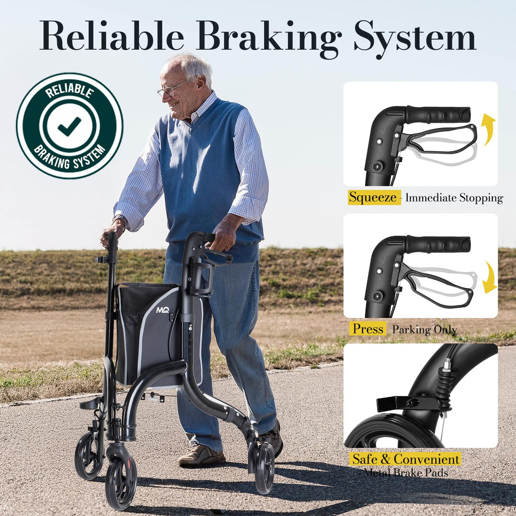HolyHeal 3 Wheel Walkers for Seniors, Lightweight Rollator Walkers Foldable for Elderly with Cane Hold and Cup Hold, Height Adjustable Aluminum Three Wheel Rolling Walker Mobility Aid, Black