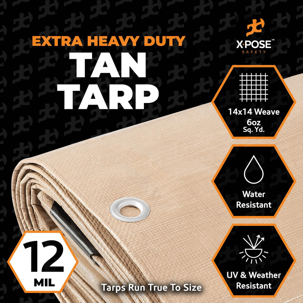 Heavy Duty Tan Poly Tarp 6' X 8' - Multipurpose Protective Cover - Durable, Waterproof, Weather Proof, Rip and Tear Resistant - Extra Thick 12 Mil Polyethylene - by Xpose Safety