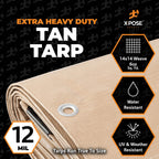 Heavy Duty Tan Poly Tarp 6' X 8' - Multipurpose Protective Cover - Durable, Waterproof, Weather Proof, Rip and Tear Resistant - Extra Thick 12 Mil Polyethylene - by Xpose Safety