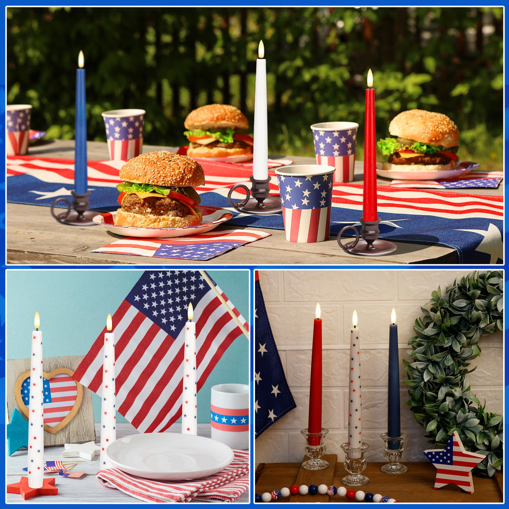 4th of July Candles, Flameless Taper Candles with Remote, 9.6" Red White and Blue Star Candles, Real Wax Flickering Independence Flameless Candles, Patriotic Candles, Battery Candles, Set of 3
