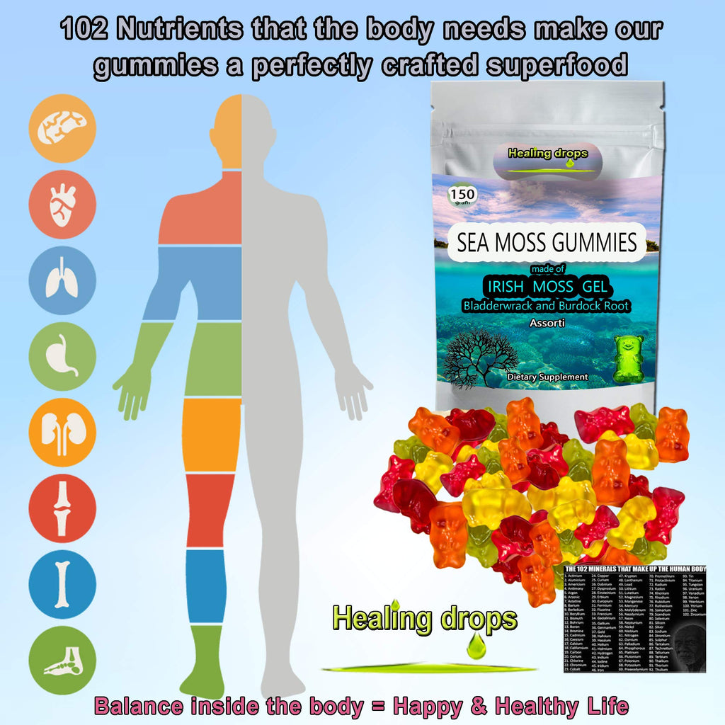 Sea Moss Gummies - Irish Sea Moss - Raw Organic Wildcrafted Sun-Dried Seamoss Powder and Gel - with Bladderwrack Burdock Root – Alkaline Keto Vegan Non-GMO Diet – Skin & Detox (Assorti)